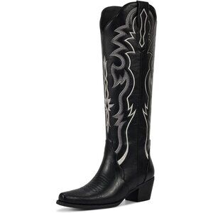 ⚡Women Matte Black Faux Leather Cowgirl  Knee High Chunky Heel Pointed Toe Boots